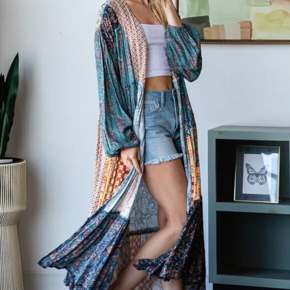 086 Boutique Patchwork Longline Duster NWOT Size Large - Picture 4 of 13